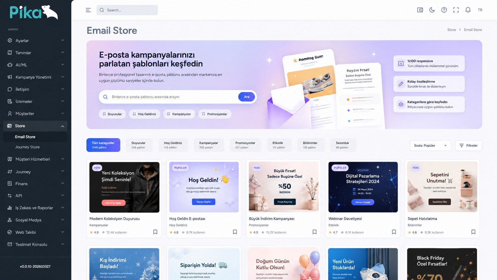 Pika Email Store ekranı