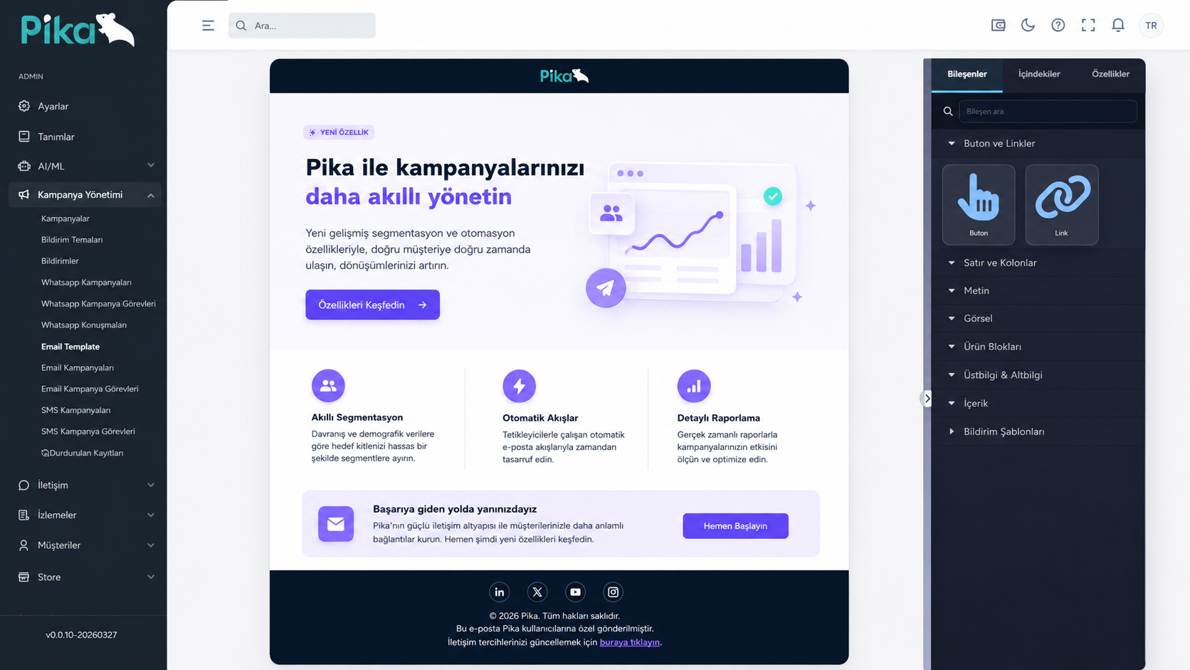 Pika Email Template Editor ekranı