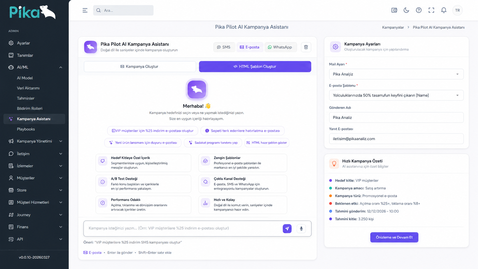 Pika Pilot AI Kampanya Asistanı ekranı