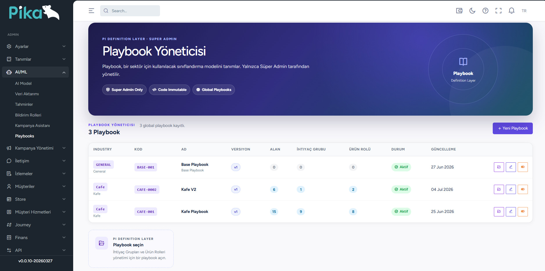 Pika Playbook Yöneticisi ekranı